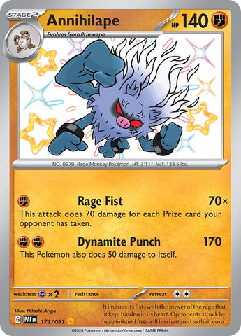 A Shiny Rare "Annihilape" (171/091) card from the Pokemon set: Paldean Fates.