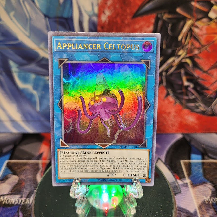 An Ultra Rare "Appliancer Celtopus" card from the Yugioh Set: Battles of Legend: Armageddon.