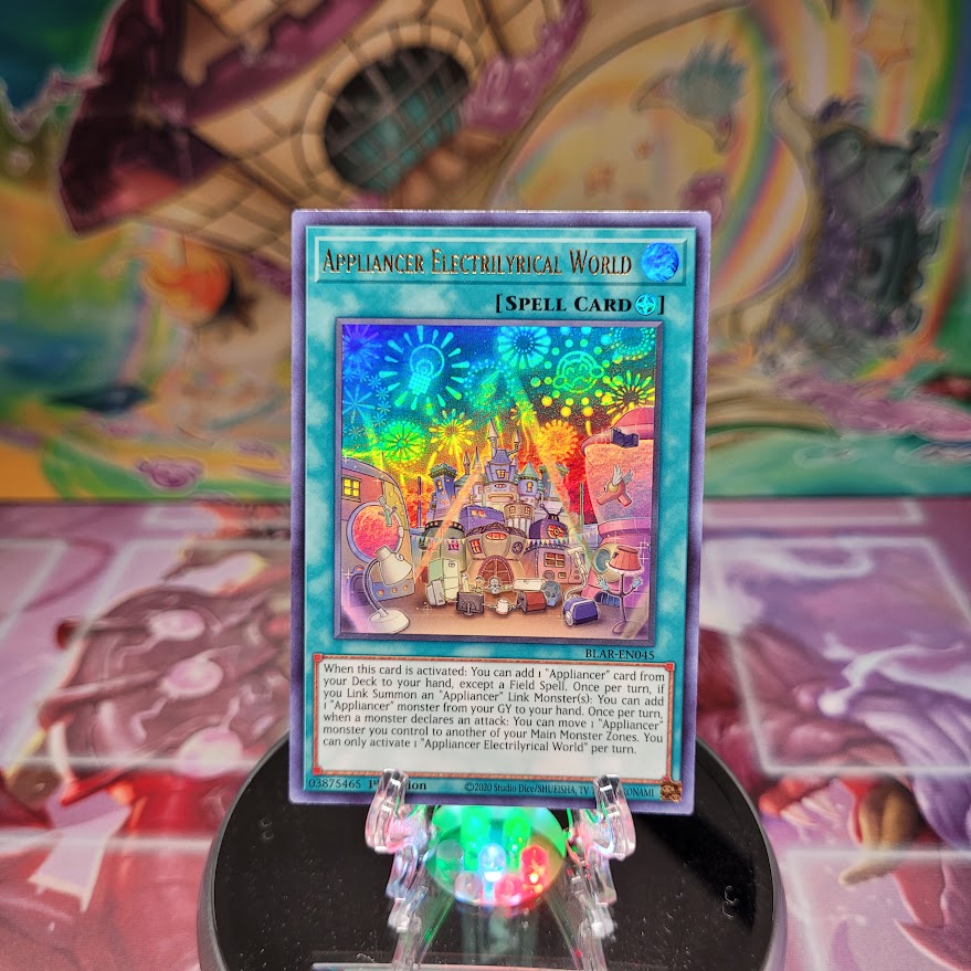 An Ultra Rare "Appliancer Electrilyrical World" card from the Yugioh Set: Battles of Legend: Armageddon.