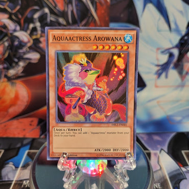 A Super Rare "Aquaactress Arowana" card from the Yugioh Set: Dragons of Legend 2.