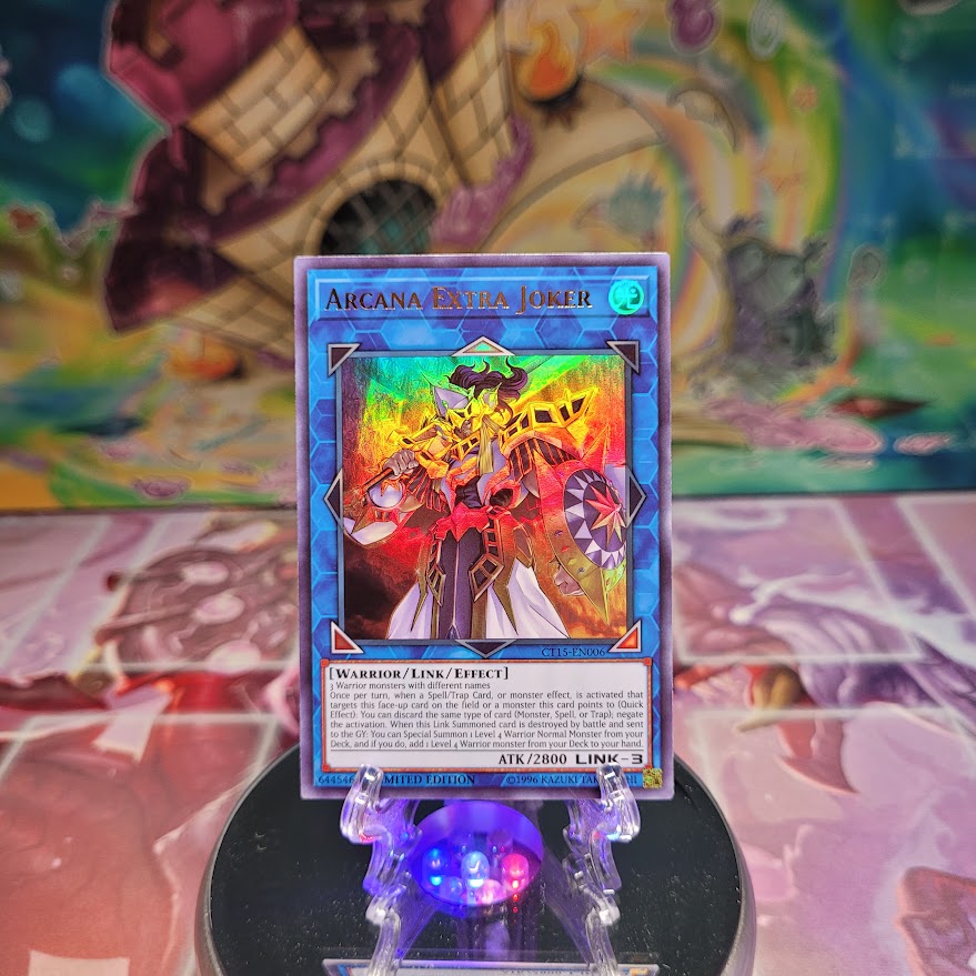 An Ultra Rare "Arcana Extra Joker" card from the Yugioh 2018 Mega-Tins.