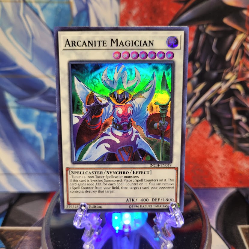  A Super Rare "Arcanite Magician" card from the Yugioh Set: The Infinity Chasers.