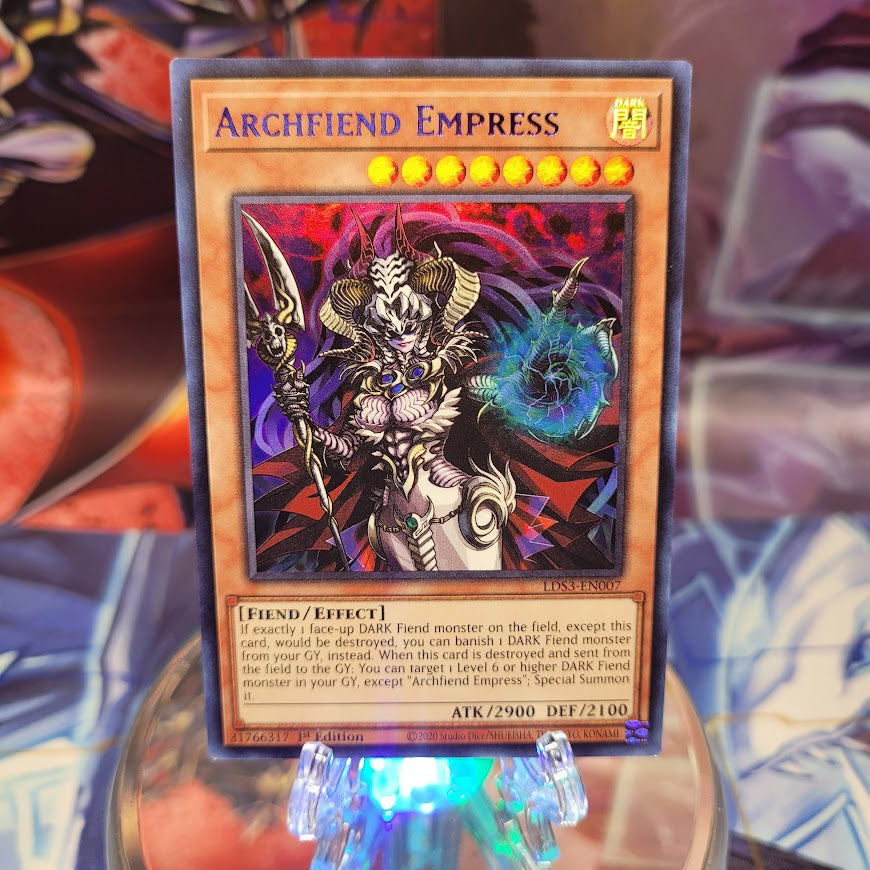 An Ultra Rare Blue "Archfiend Empress" card from the Yugioh Set: Legendary Duelists: Season 3.