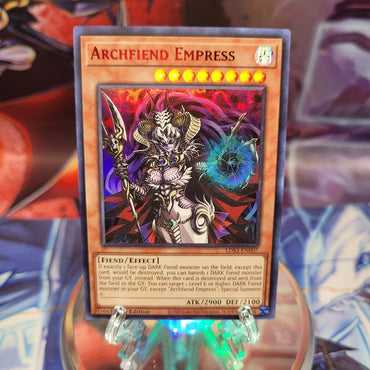 An Ultra Rare Red "Archfiend Empress" card from the Yugioh Set: Legendary Duelists: Season 3.