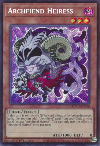 A Secret Rare "Archfiend Heiress" card from the Yugioh Set: Maze of Muertos (MZMU).
