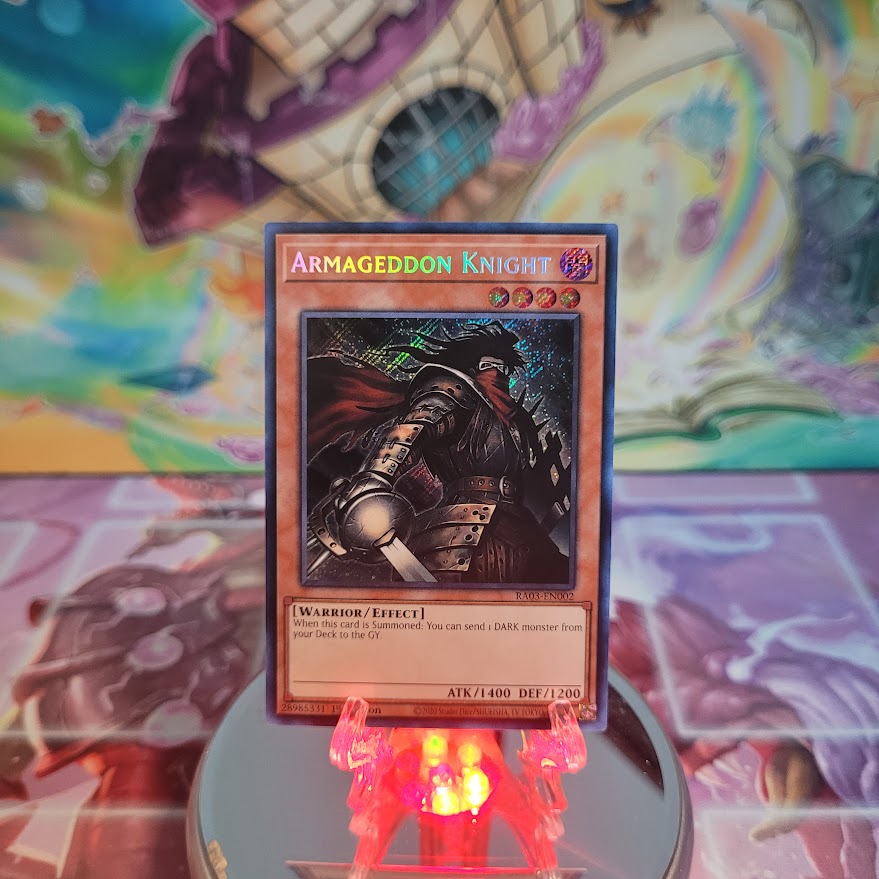  A Secret Rare "Armageddon Knight" card from the Yugioh Set: Quarter Century Bonanza (RA03).