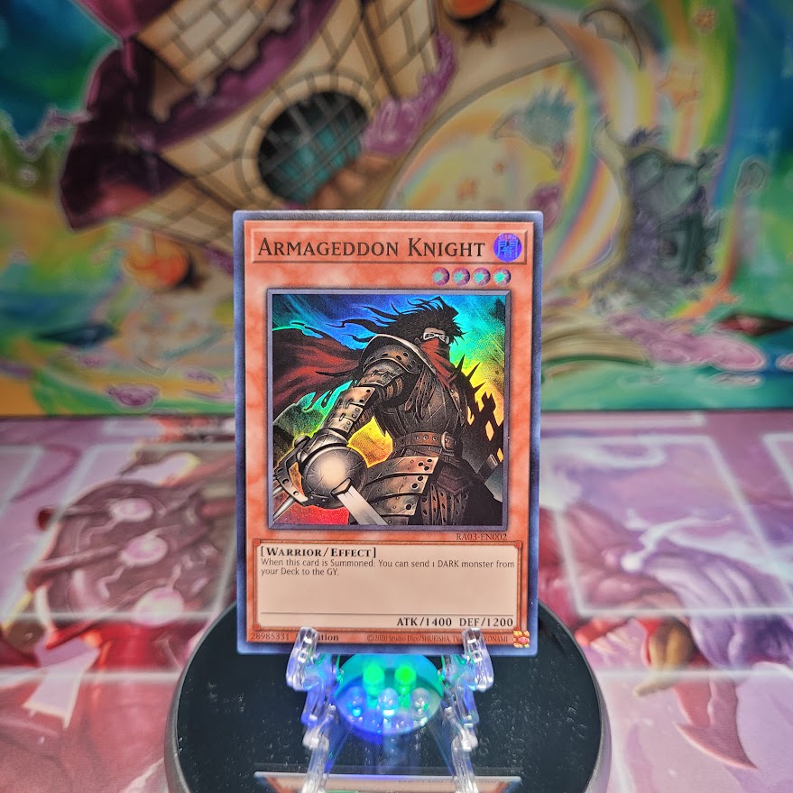 A Super Rare "Armageddon Knight" card from the Yugioh Set: Quarter Century Bonanza (RA03).