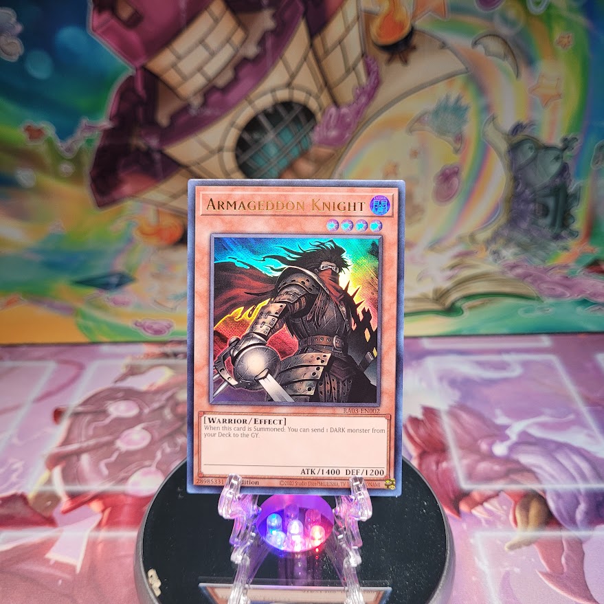 An Ultra Rare "Armageddon Knight" card from the Yugioh Set: Quarter Century Bonanza (RA03).