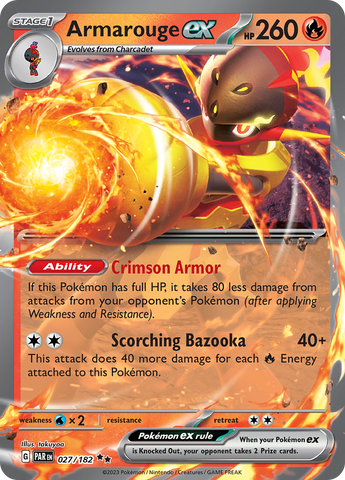A Double Rare "Armarouge Ex" (027/182) card from the Pokemon Set: Scarlet & Violet: Paradox Rift (PAR).