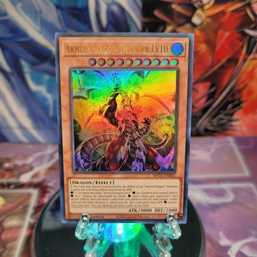 An Ultra Rare "Armed Dragon Thunder LV10" card from the Yugioh 2022 Tin of the Pharaoh's Gods Set (MP22).