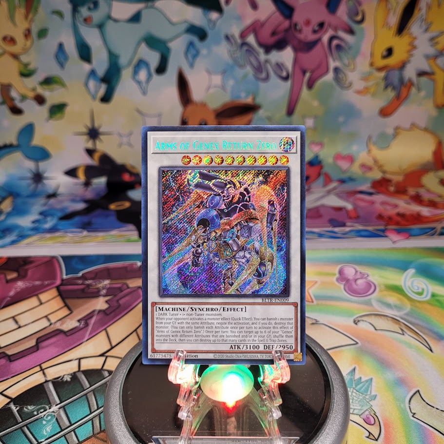 A Secret Rare "Arms of Genex Return Zero" card from the Yugioh Set: Battles of Legend: Terminal Revenge (BLTR).