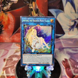 A Secret Rare "Artemis, the Magistus Moon Maiden" card from the Yugioh Set: Battles of Legend: Crystal Revenge.
