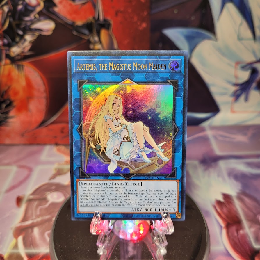 An Ultra Rare "Artemis, the Magistus Moon Maiden" card from the Yugioh Set: Rarity Collection 1 