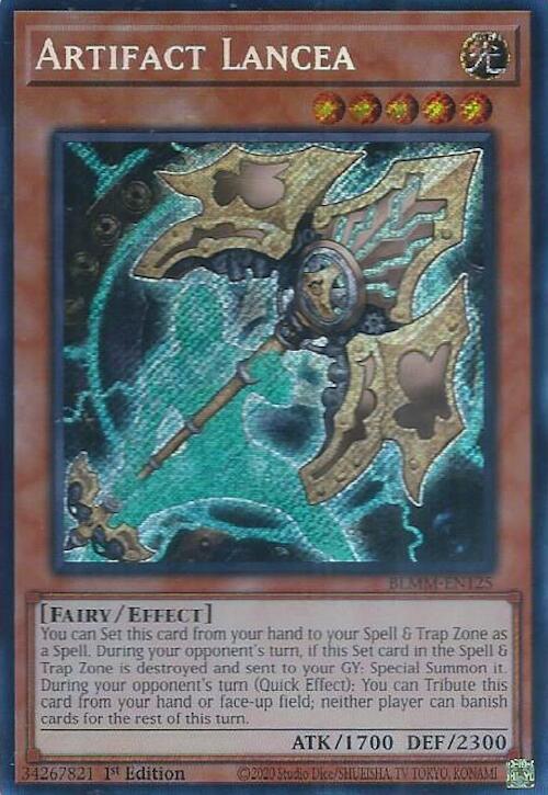 A Secret Rare "Artifact Lancea" card from the Yugioh Set: Battles of Legend: Monster Mayhem (BLMM).