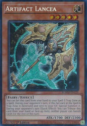 A Secret Rare "Artifact Lancea" card from the Yugioh Set: Battles of Legend: Monster Mayhem (BLMM).