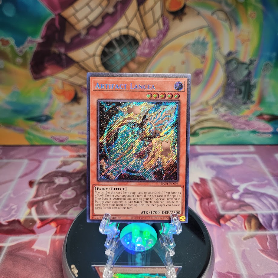 A Secret Rare "Artifact Lancea" card from the Yugioh Set: Rarity Collection 1 (RA01).