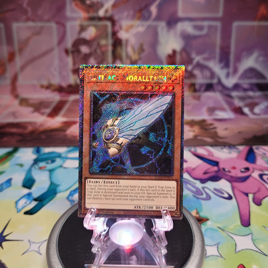 A Platinum Secret Rare "Artifact Moralltach" card from the Yugioh Set: Quarter Century Stampede (RA04).