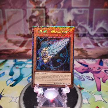 A Platinum Secret Rare "Artifact Moralltach" card from the Yugioh Set: Quarter Century Stampede (RA04).