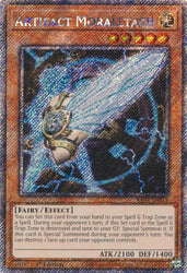 A Platinum Secret Rare "Artifact Moralltach" card from the Yugioh Set: Quarter Century Stampede (RA04).