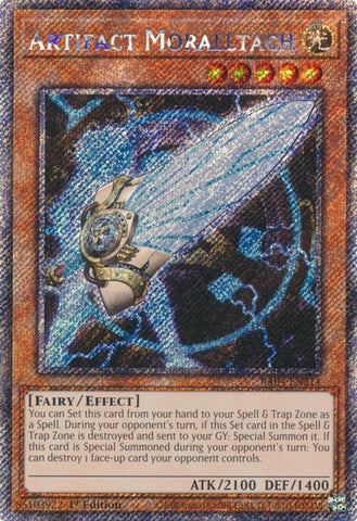 A Platinum Secret Rare "Artifact Moralltach" card from the Yugioh Set: Quarter Century Stampede (RA04).