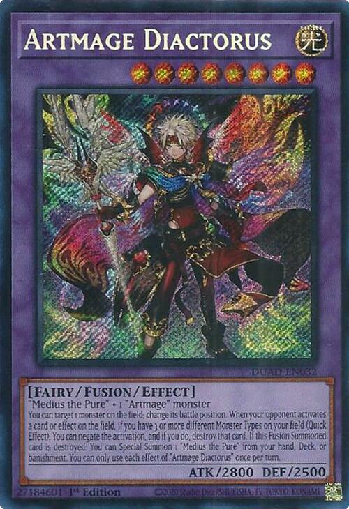 A Secret Rare "Artmage Diactorus" card from the Yugioh Set: Duelist's Advance (DUAD)