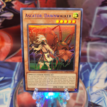 An Ultra Rare Blue "Ascator, Dawnwalker" card from the Yugioh Set: Legendary Duelists: Season 3.