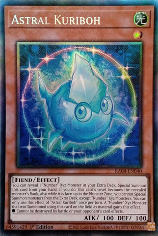 A Prismatic Collector's Rare "Astral Kuriboh" card from the Yugioh Set: Quarter Century Stampede (RA04).