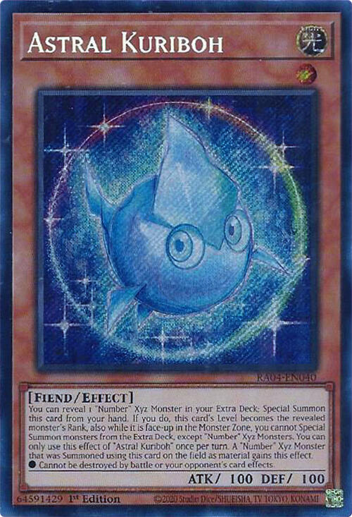 A Secret Rare "Astral Kuriboh" card from the Yugioh Set: Quarter Century Stampede (RA04).
