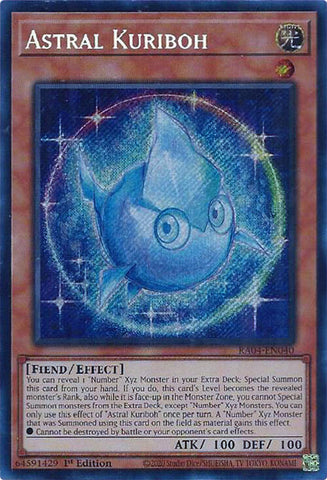 A Secret Rare "Astral Kuriboh" card from the Yugioh Set: Quarter Century Stampede (RA04).