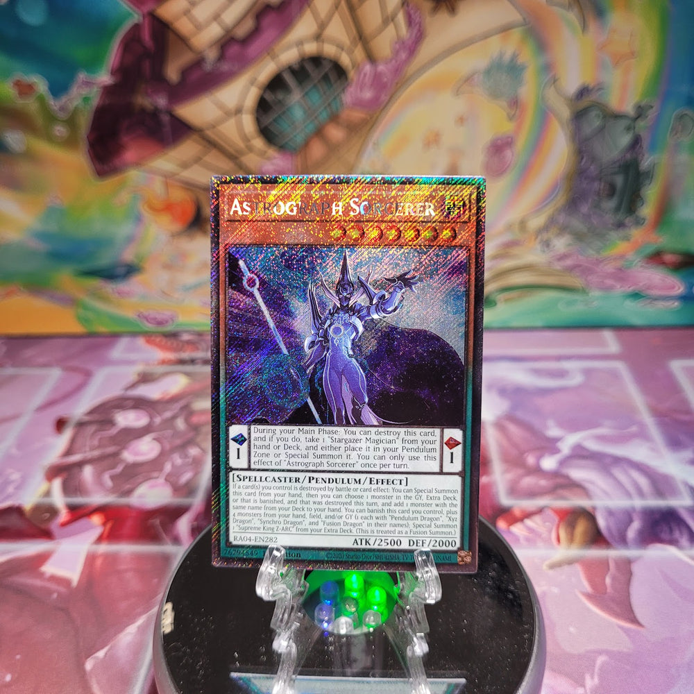 A Platinum Secret Rare "Astrograph Sorcerer" card from the Yugioh Set: Quarter Century Stampede (RA04).