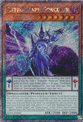 A Platinum Secret Rare "Astrograph Sorcerer" card from the Yugioh Set: Quarter Century Stampede (RA04).