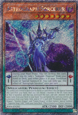 A Platinum Secret Rare "Astrograph Sorcerer" card from the Yugioh Set: Quarter Century Stampede (RA04).