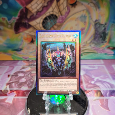 A Prismatic Ultimate Rare "Atlantean Heavy Infantry" card from the Yugioh Set: Quarter Century Stampede (RA04).