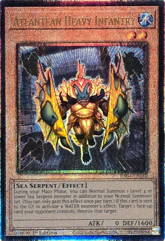 A Prismatic Ultimate Rare "Atlantean Heavy Infantry" card from the Yugioh Set: Quarter Century Stampede (RA04).
