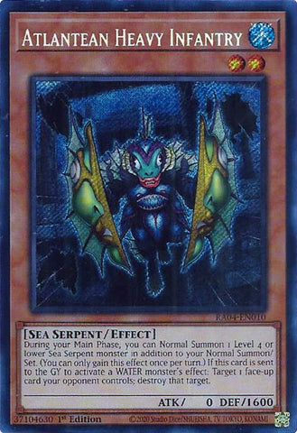 A Secret Rare "Atlantean Heavy Infantry" card from the Yugioh Set: Quarter Century Stampede (RA04).