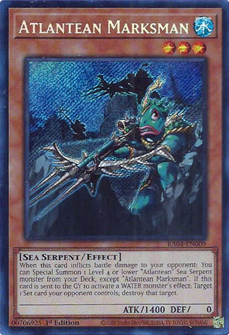 A Secret Rare "Atlantean Marksman" card from the Yugioh Set: Quarter Century Stampede (RA04).