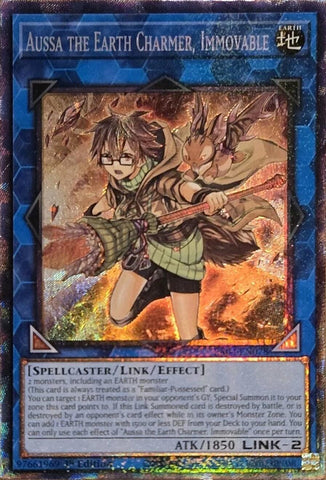 A Prismatic Collector's Rare "Aussa the Earth Charmer, Immovable" card from the Yugioh Set: Quarter Century Stampede (RA04).