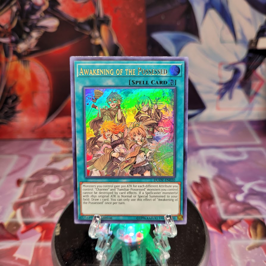 An Ultra Rare "Awakening of the Possessed" card from the Yugioh Set: Duel Overload.