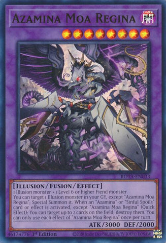 An Ultra Rare "Azamina Moa Regina" card from the Yugioh Set: Rage of the Abyss (ROTA).