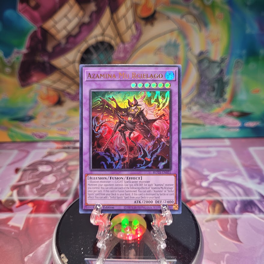 An Ultra Rare "Azamina Mu Rcielago" card from the Yugioh Set: Rage of the Abyss (ROTA).