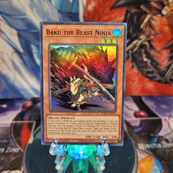 A Super Rare "Baku the Beast Ninja" card from the Yugioh Set: Darkwing Blast.