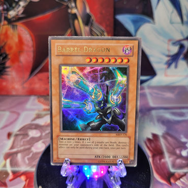 An Ultra Rare "Barrel Dragon" card from the Yugioh Set: Metal Raiders.