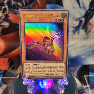 An Ultra Rare "Battlewasp - Twinbow the Attacker" card from the Yugioh Set: Battles of Legend: Hero's Revenge.