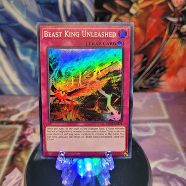 A Super Rare "Beast King Unleashed" card from the Yugioh 2022 Tin of the Pharaoh's Gods Set.