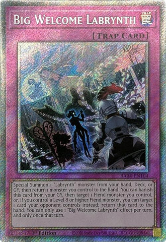A Platinum Secret Rare "Big Welcome Labrynth" card from the Yugioh Set: Quarter Century Stampede (RA04).