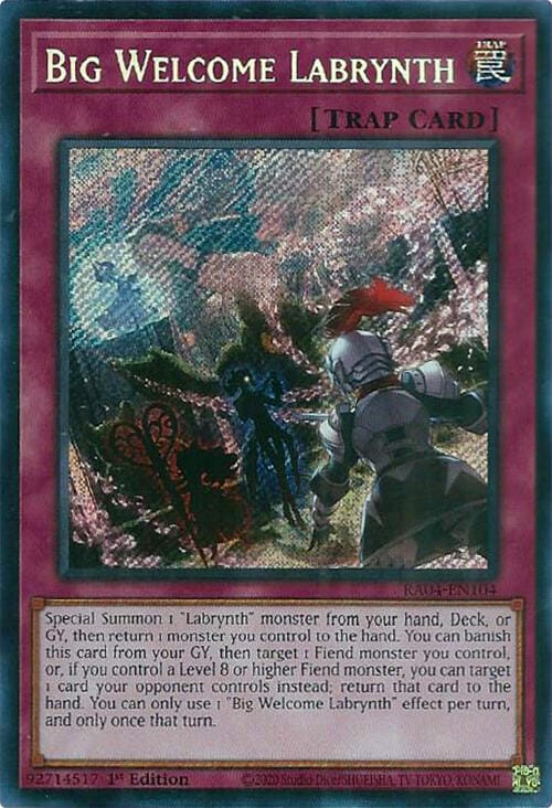 A Secret Rare "Big Welcome Labrynth" card from the Yugioh Set: Quarter Century Stampede (RA04).