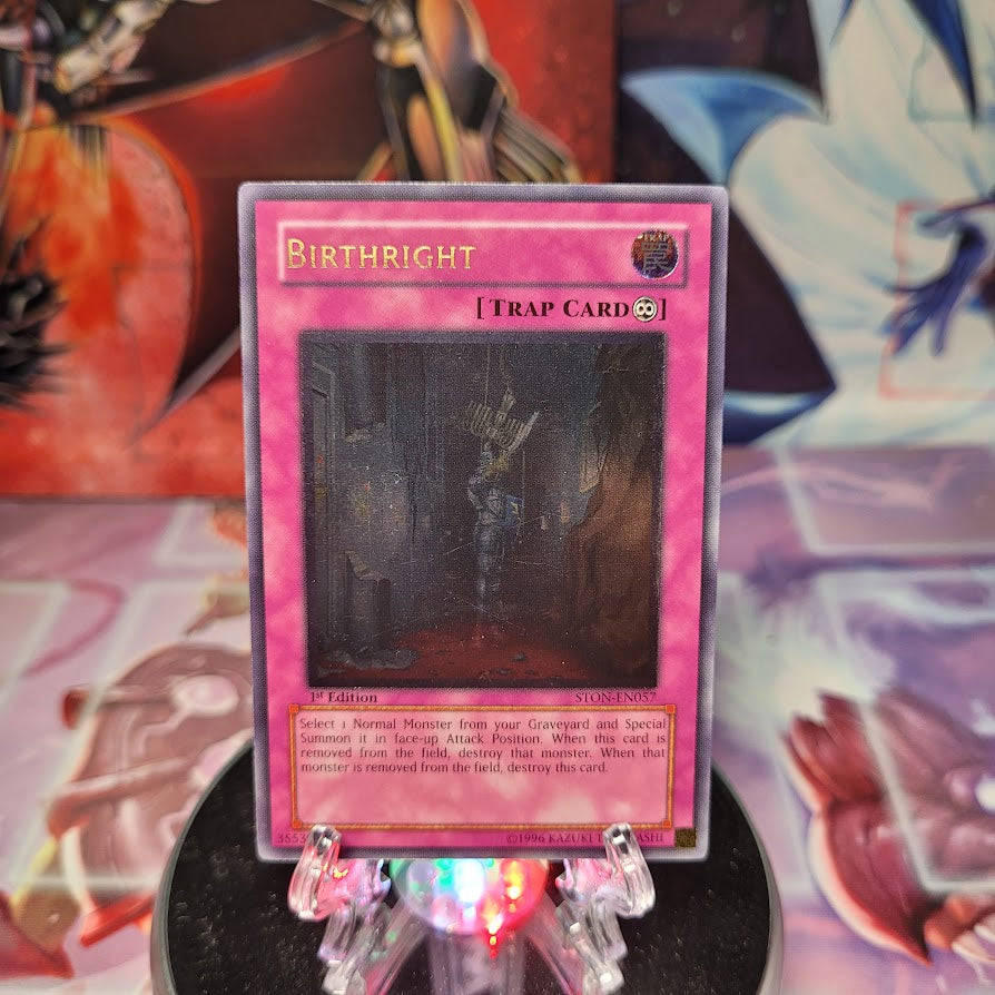 An Ultimate Rare "Birthright" card from the Yugioh Set: Storm of Neos.