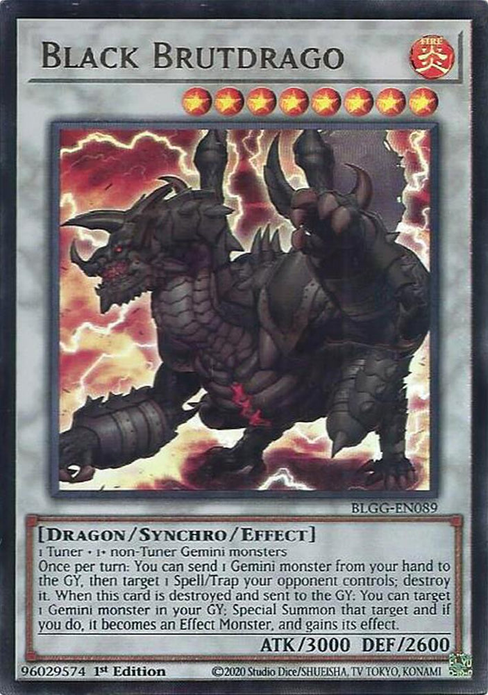 An Ultra Rare "Black Brutdrago" card from the Yugioh Set: Battles of Legend: Glorious Gallery (BLGG).
