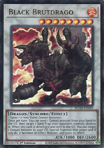 An Ultra Rare "Black Brutdrago" card from the Yugioh Set: Battles of Legend: Glorious Gallery (BLGG).