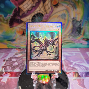 A Prismatic Ultimate Rare "Black Metal Dragon" card from the Yugioh Set: Quarter Century Stampede (RA04).